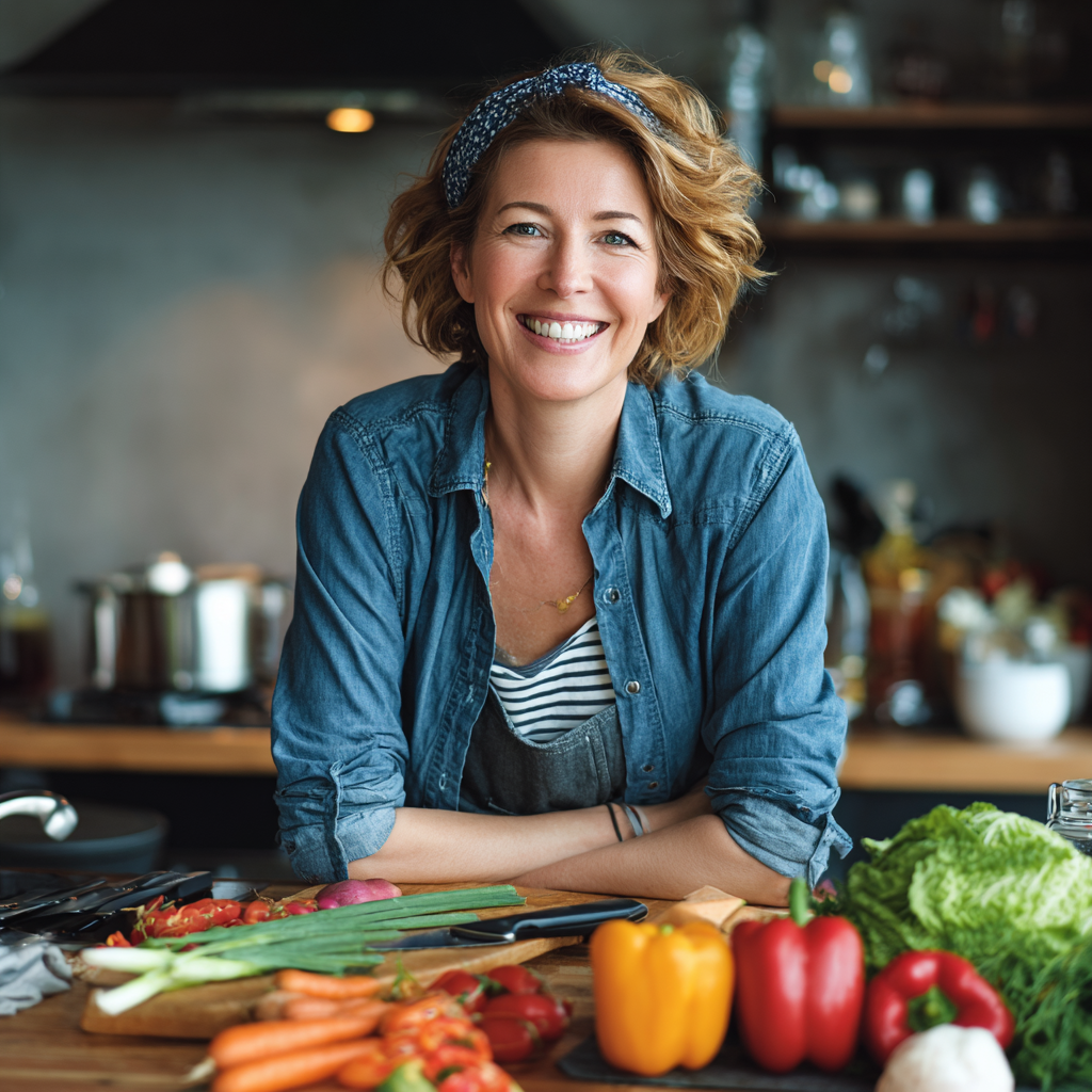 Confident woman in her forties preparing fresh vegetables in a modern kitchen, wearing casual clothing, surrounded by colorful healthy ingredients, showing joy and satisfaction while cooking nutritious meal